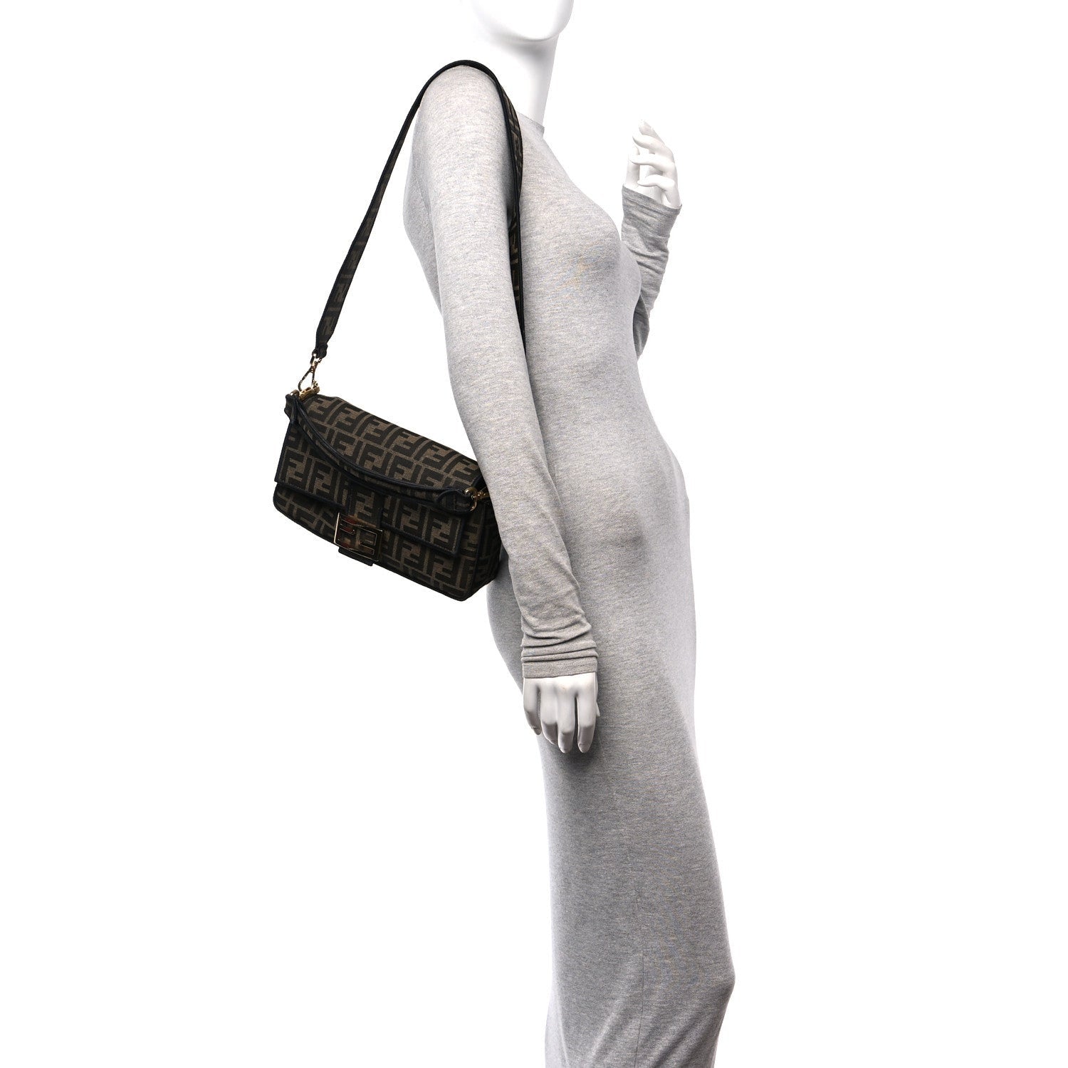Fendi Fabric Jacquard FF 1974 Medium Baguette Tobacco Moro Black 2 of 7
