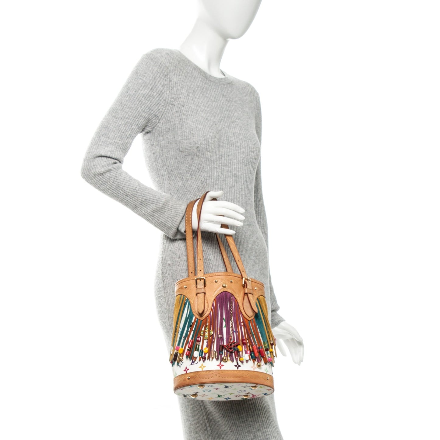 Monogram Multicolor Fringe Bucket White