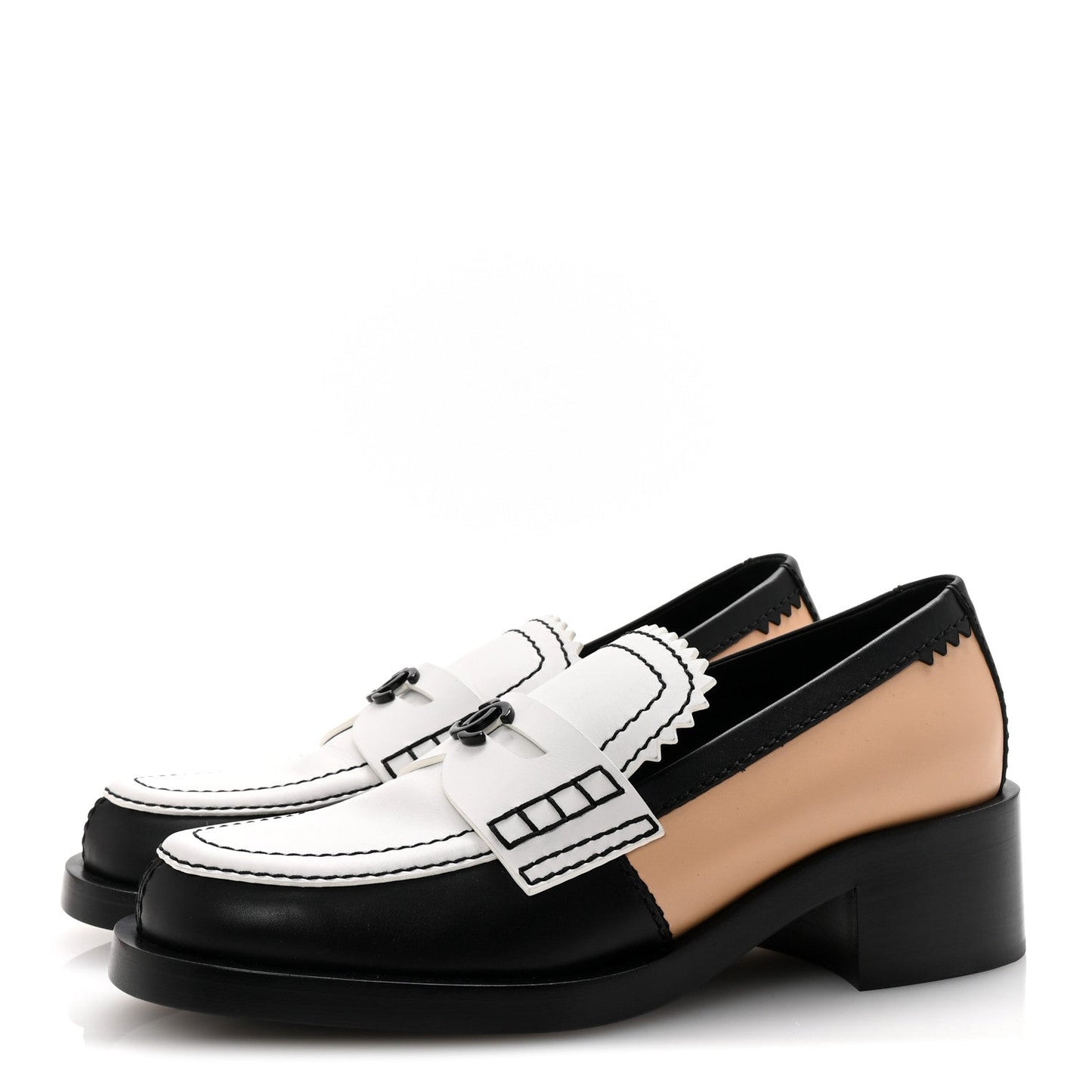 Calfskin CC Loafers 38 Black White Beige