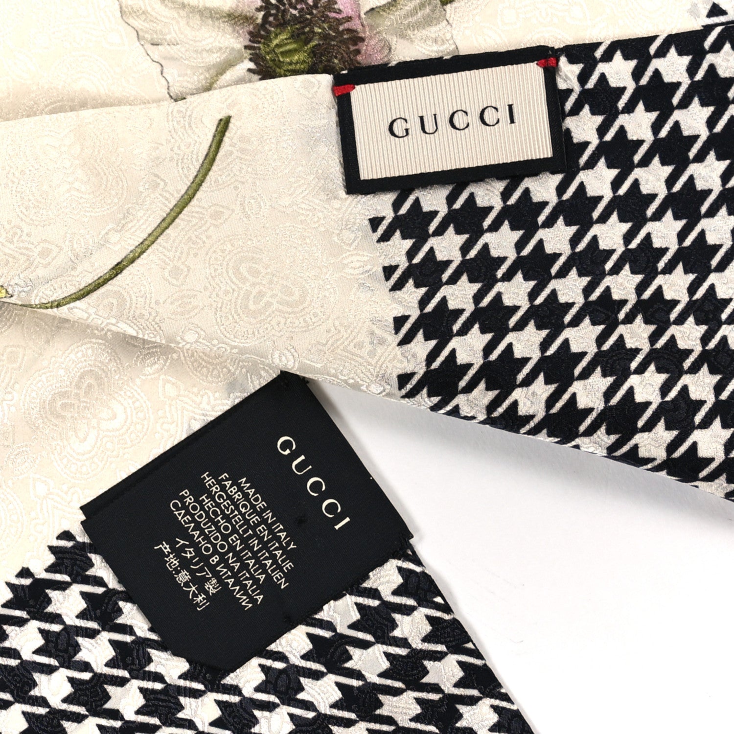 Gucci Silk Twill Flora Houndstooth Scarf Ivory Black Multicolor 3 of 3
