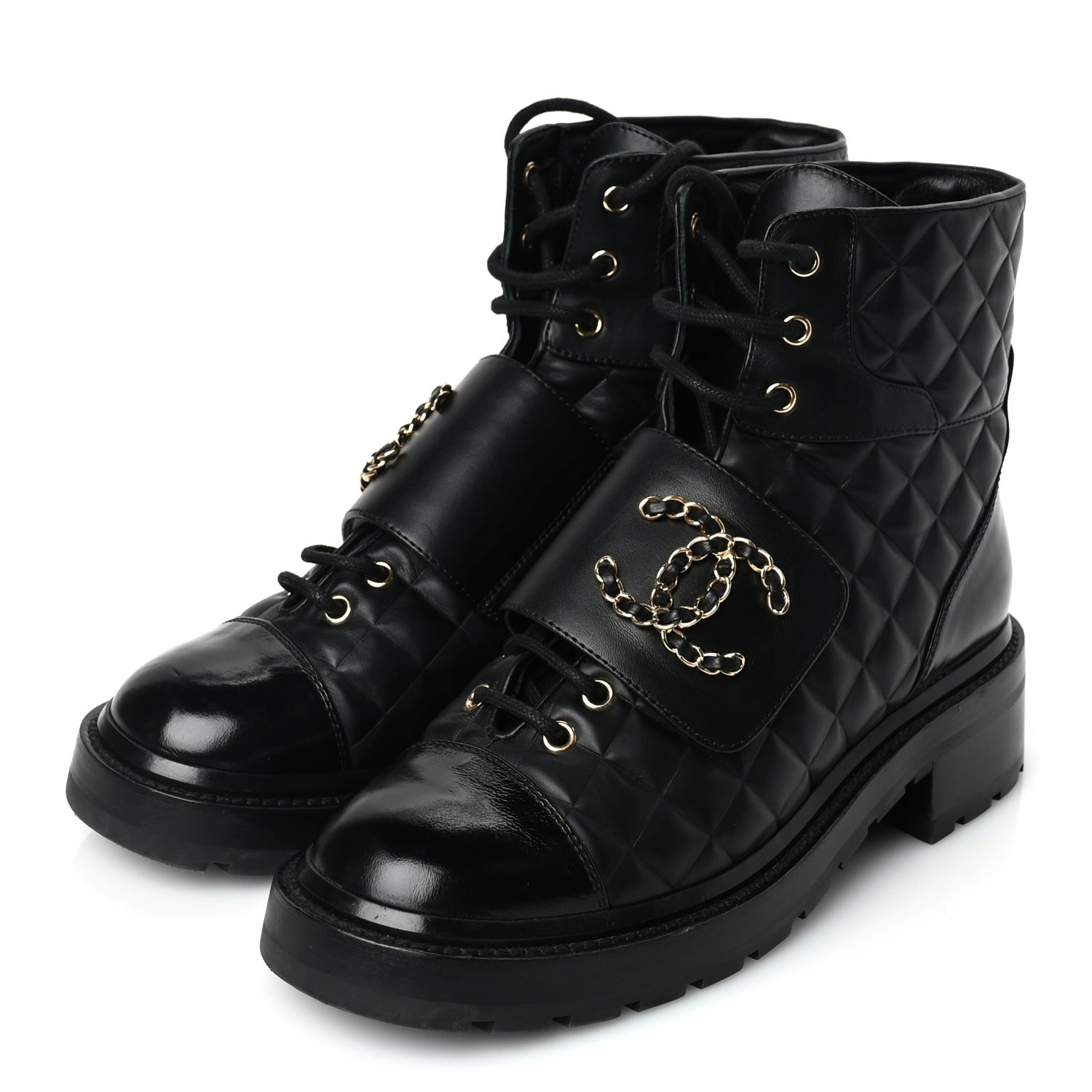 Chanel Shiny Calfskin Quilted Lace Up Combat Boots 39 Black 3 of 8