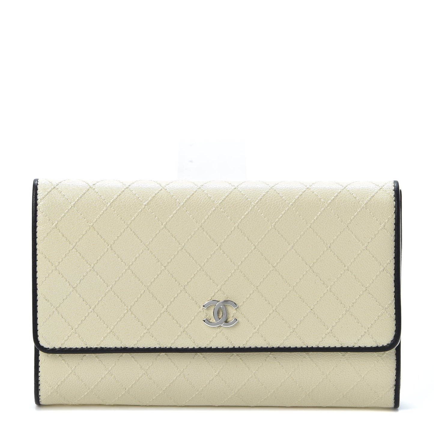 Calfskin Diamond Stitched Long Flap Wallet Ivory