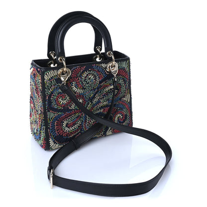 Christian Dior Calfskin Beaded Embroidered Medium Lady Dior  Black Multicolor 2 of 8