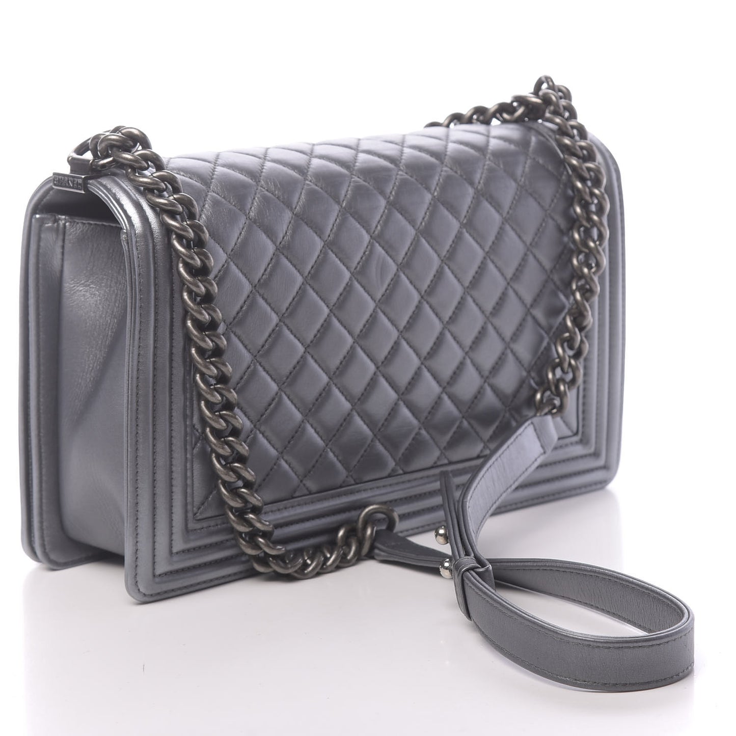 Metallic Calfskin Quilted New Medium Boy Flap Dark Silver