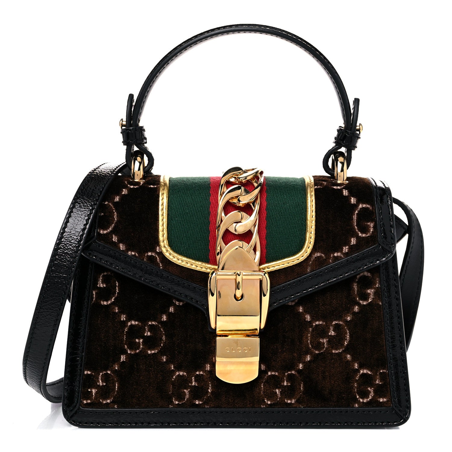 Gucci Velvet GG Monogram Web Mini Sylvie Top Handle Bag Brown Black Oro Vecchio 1 of 15
