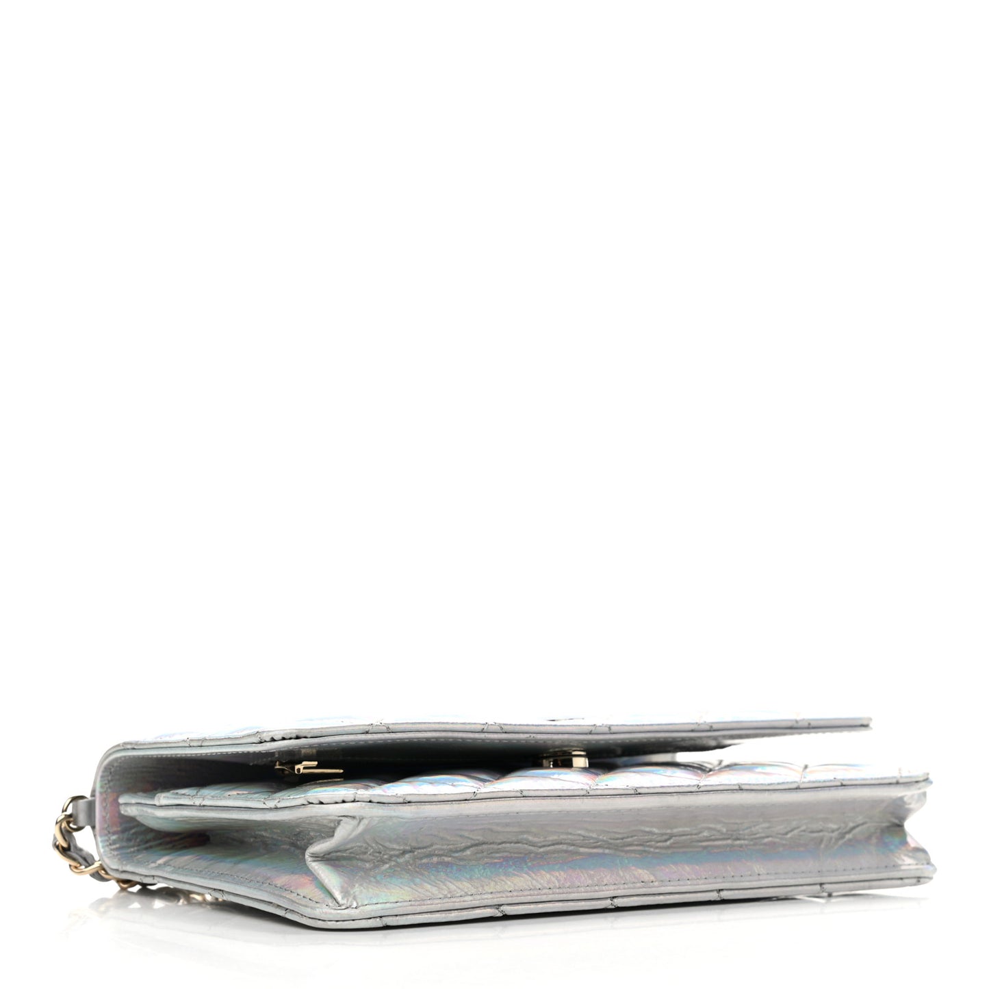 Iridescent Goatskin Quilted Wallet On Chain WOC Silver