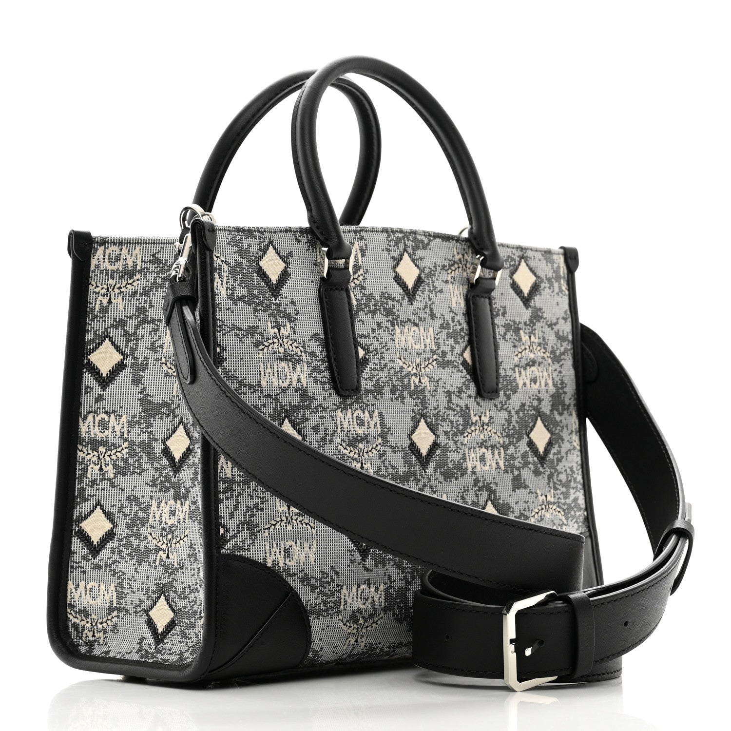 MCM Vintage Jacquard Monogram Small Munchen Tote Grey 3 of 9