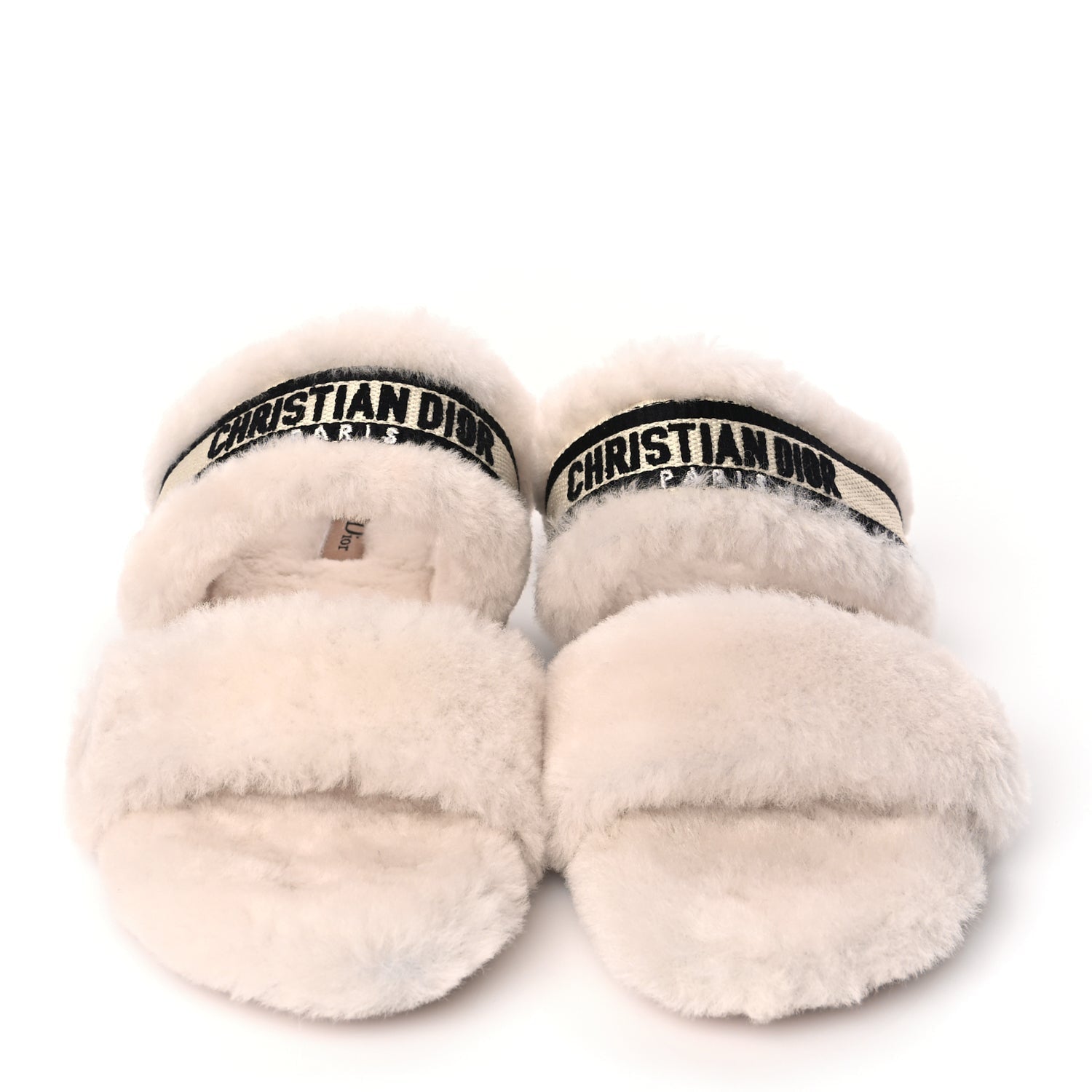 Christian Dior Shearling Canvas Embroidered Chez Moi Strap Slide Sandal 37 Off White Black 5 of 9