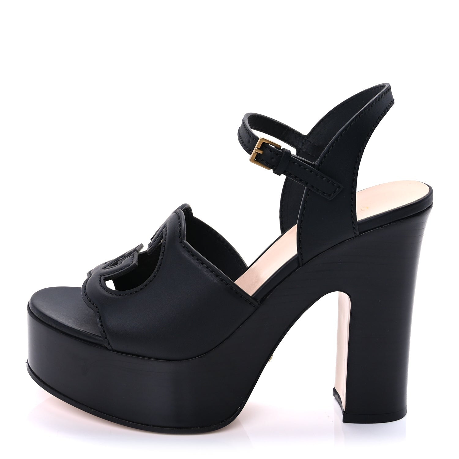 Gucci Cosmos Softy Calfskin Wooden Interlocking G Cut-Out 30/120mm Platform Sandals 38  Black 1 of 9