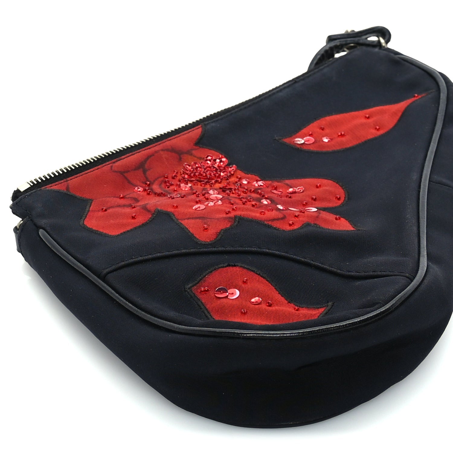 Christian Dior Canvas Stitched Flower Sequins Mini Saddle Pochette Black Red 7 of 8