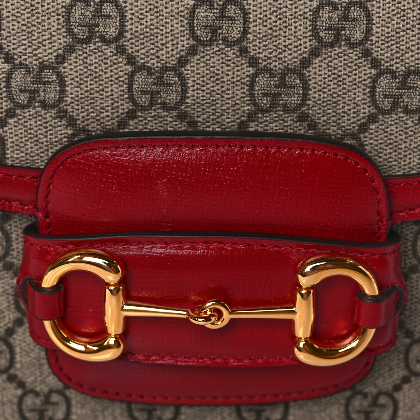 GG Supreme Monogram Azalea Calfskin Horsebit 1955 Shoulder Bag Beige Ebony New Cherry Red