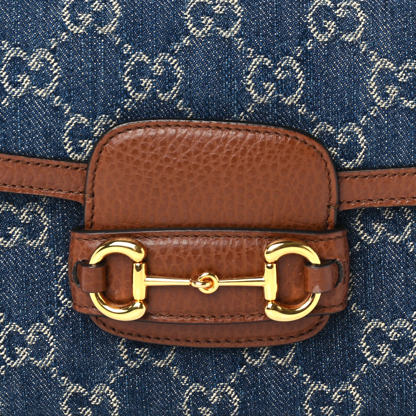 New Denim GG Monogram Dollar Calfskin Web Mini Horsebit 1955 Shoulder Bag Blue Tea Cuir Epilog