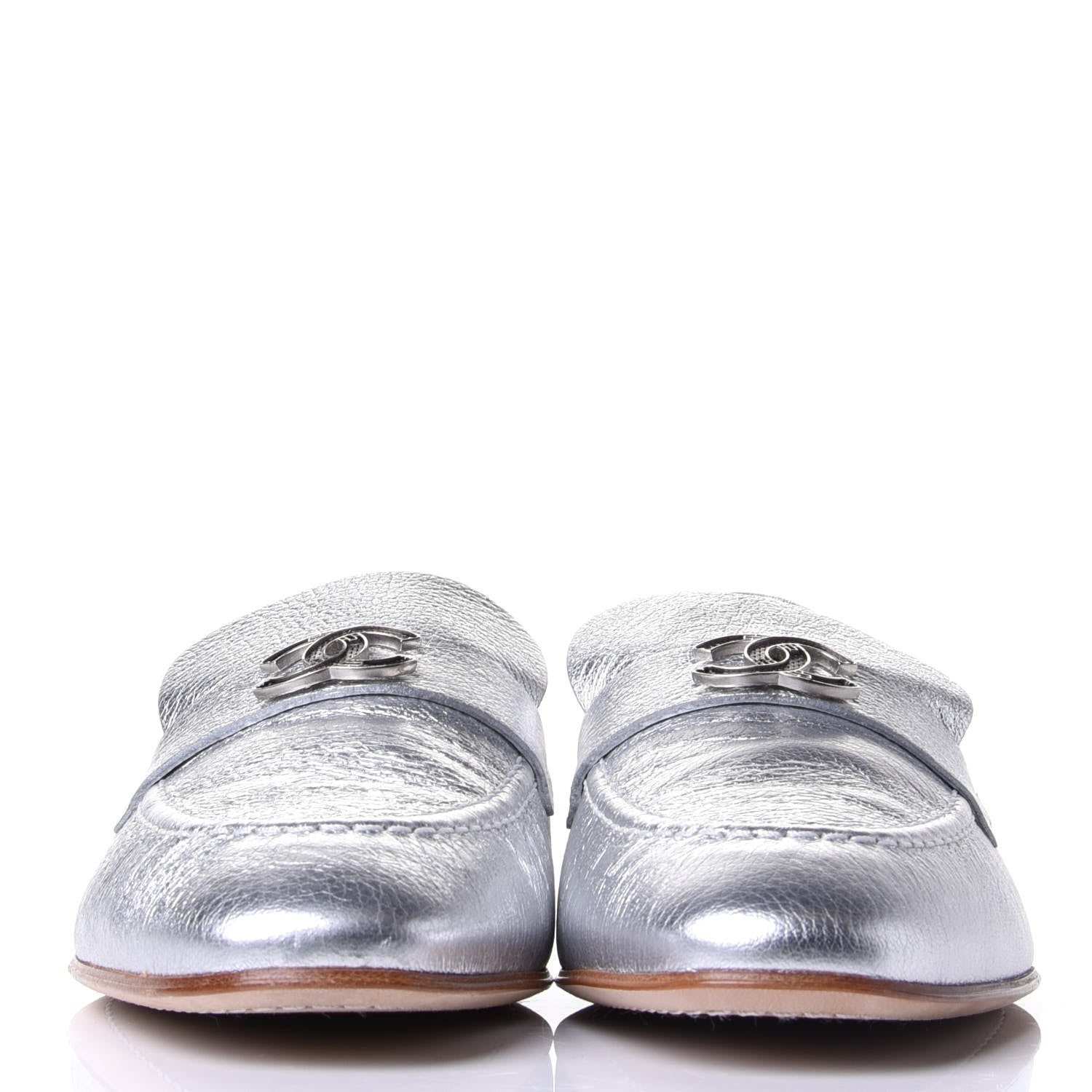 Chanel Crackled Goatskin Laminated CC Loafers 37.5 Silver 2 of 10