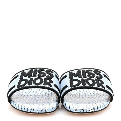 Christian Dior Canvas Miss Dior Embroidered Dway Flat Slide Sandals 37.5 Azure Pale 3 of 7