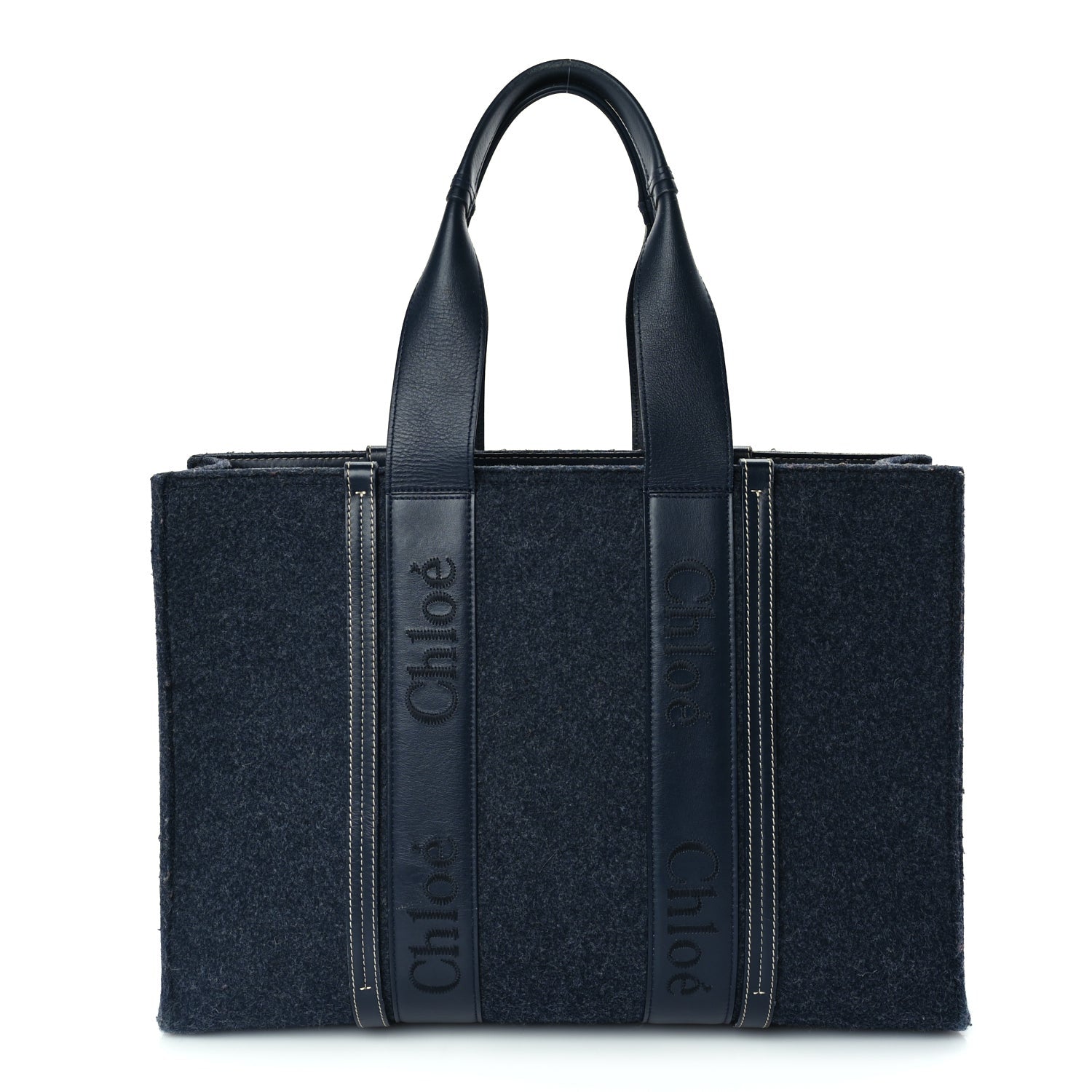 Chloe Felt Shiny Calfskin Large Woody Ribbon Tote Obscure Navy 1 of 8
