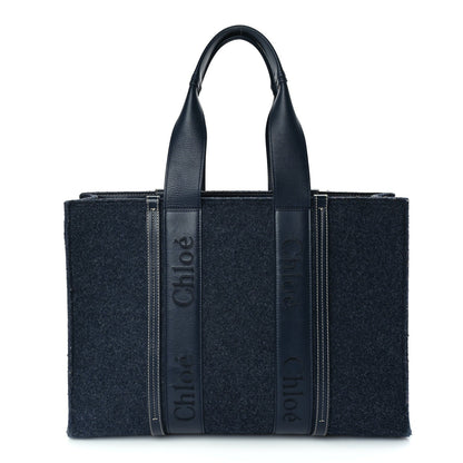 Chloe Felt Shiny Calfskin Large Woody Ribbon Tote Obscure Navy 1 of 8