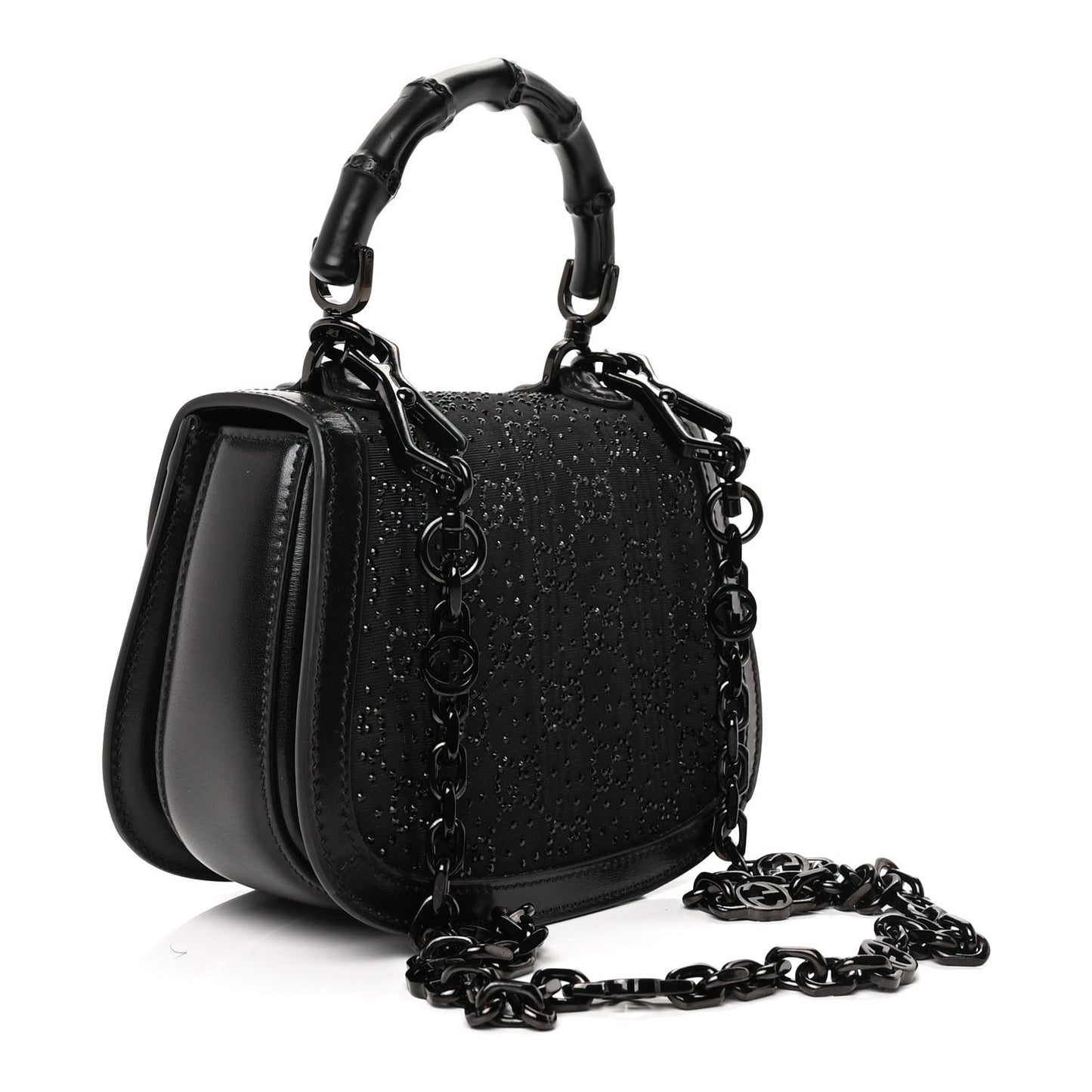 Moire Fabric Calfskin Rhinestone Monogram Monochrome Mini Bamboo 1947 Top Handle Chain Bag Black