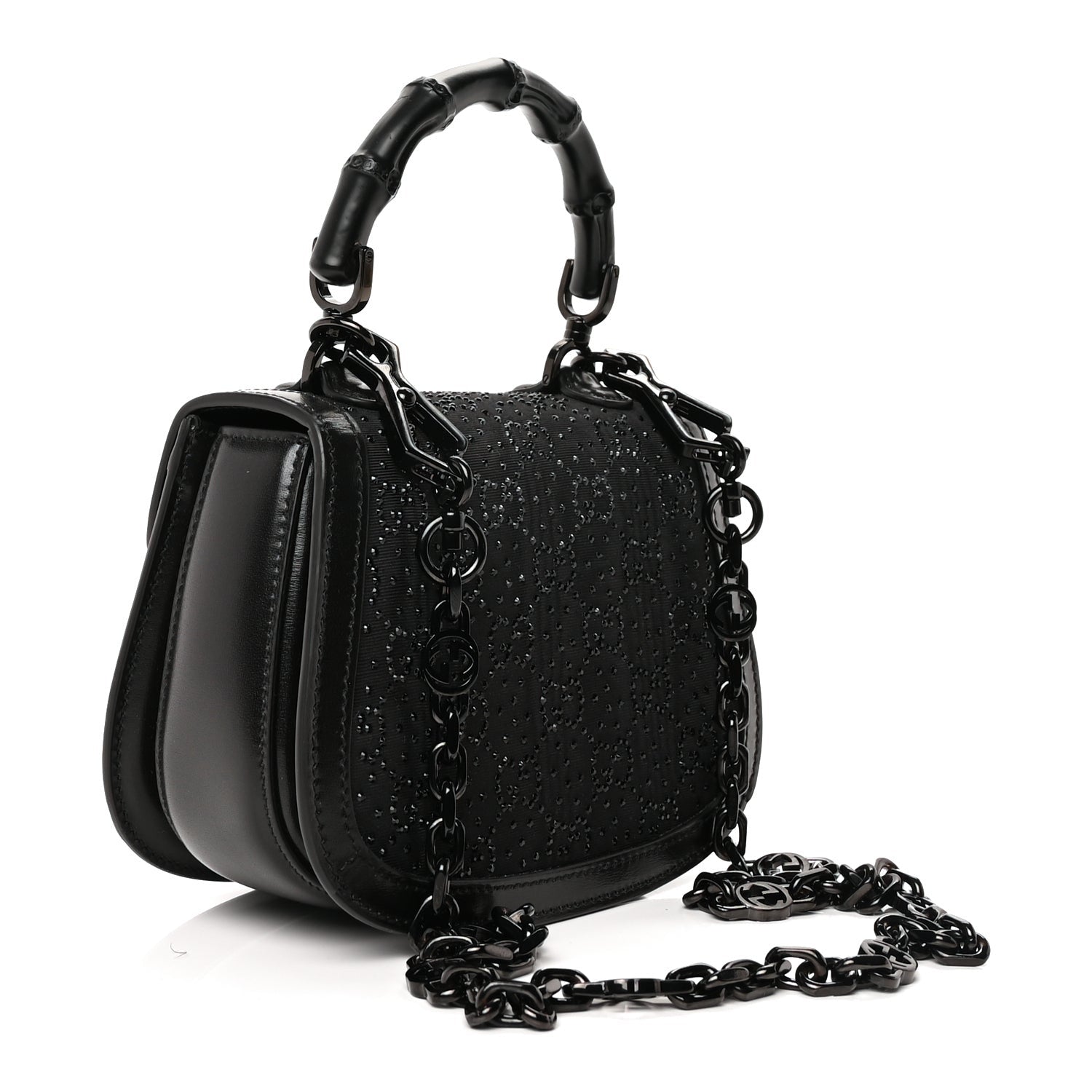 Gucci Moire Fabric Calfskin Rhinestone Monogram Monochrome Mini Bamboo 1947 Top Handle Chain Bag Black 2 of 7