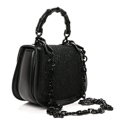 Gucci Moire Fabric Calfskin Rhinestone Monogram Monochrome Mini Bamboo 1947 Top Handle Chain Bag Black 2 of 7