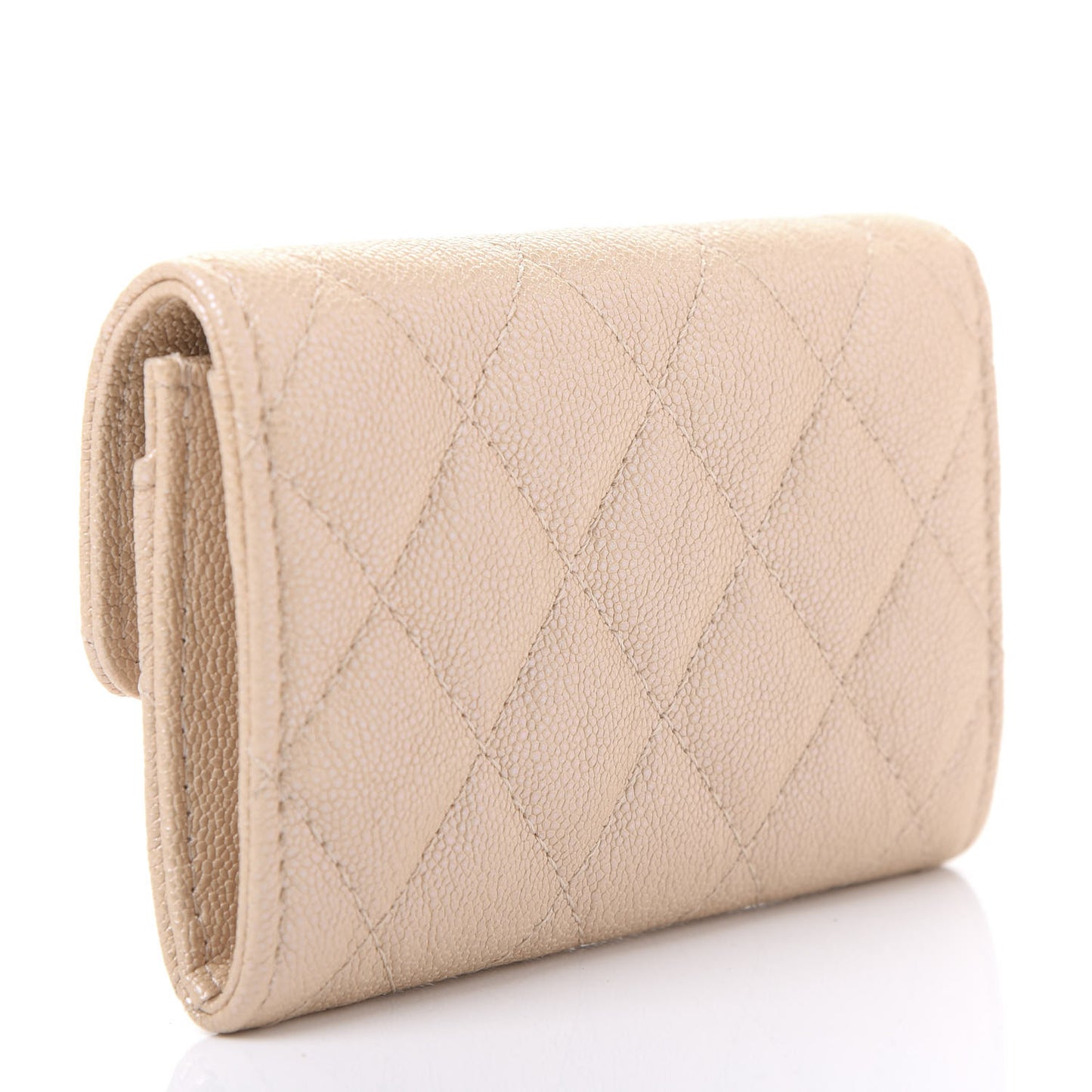 Iridescent Caviar Quilted Flap Card Holder Beige
