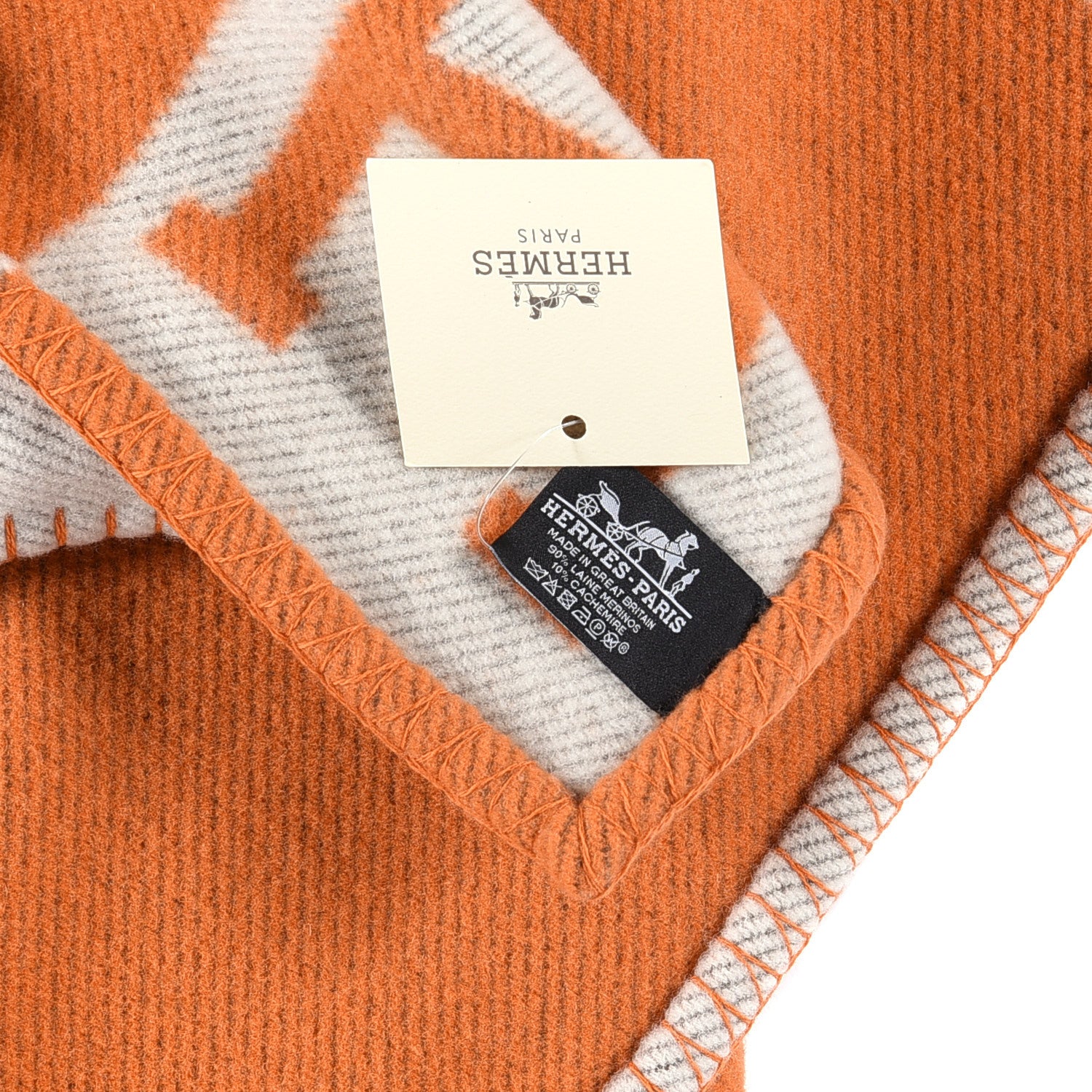 Hermes Wool Cashmere Signature Classic Avalon Blanket Ecru Potiron 3 of 3