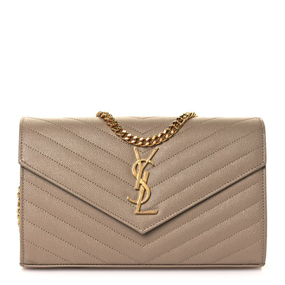 Saint Laurent Grain De Poudre Matelasse Chevron Monogram Chain Wallet Deep Beige 1 of 12