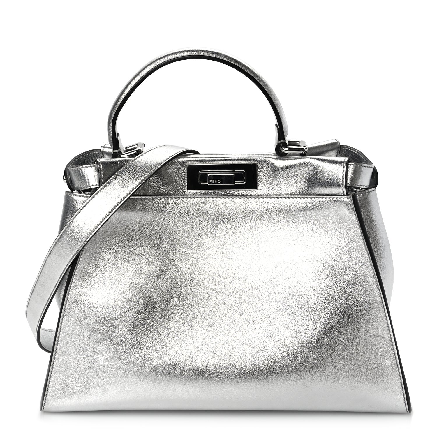 Fendi Vitello Catalan Mirror Medium Peekaboo Iconic Satchel Argento 1 of 8
