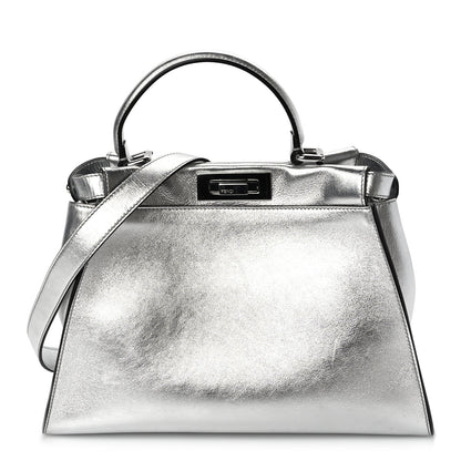 Fendi Vitello Catalan Mirror Medium Peekaboo Iconic Satchel Argento 1 of 8