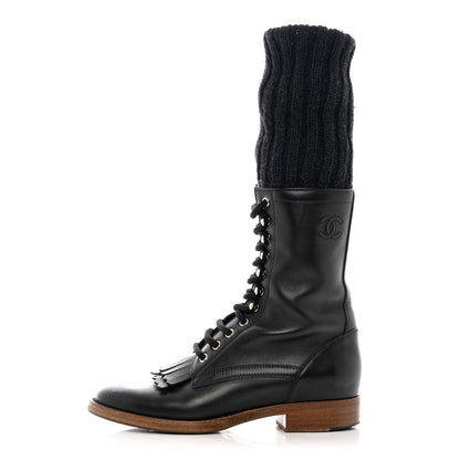 Chanel Calfskin Sock High CC Combat Boots 37 Black 1 of 13