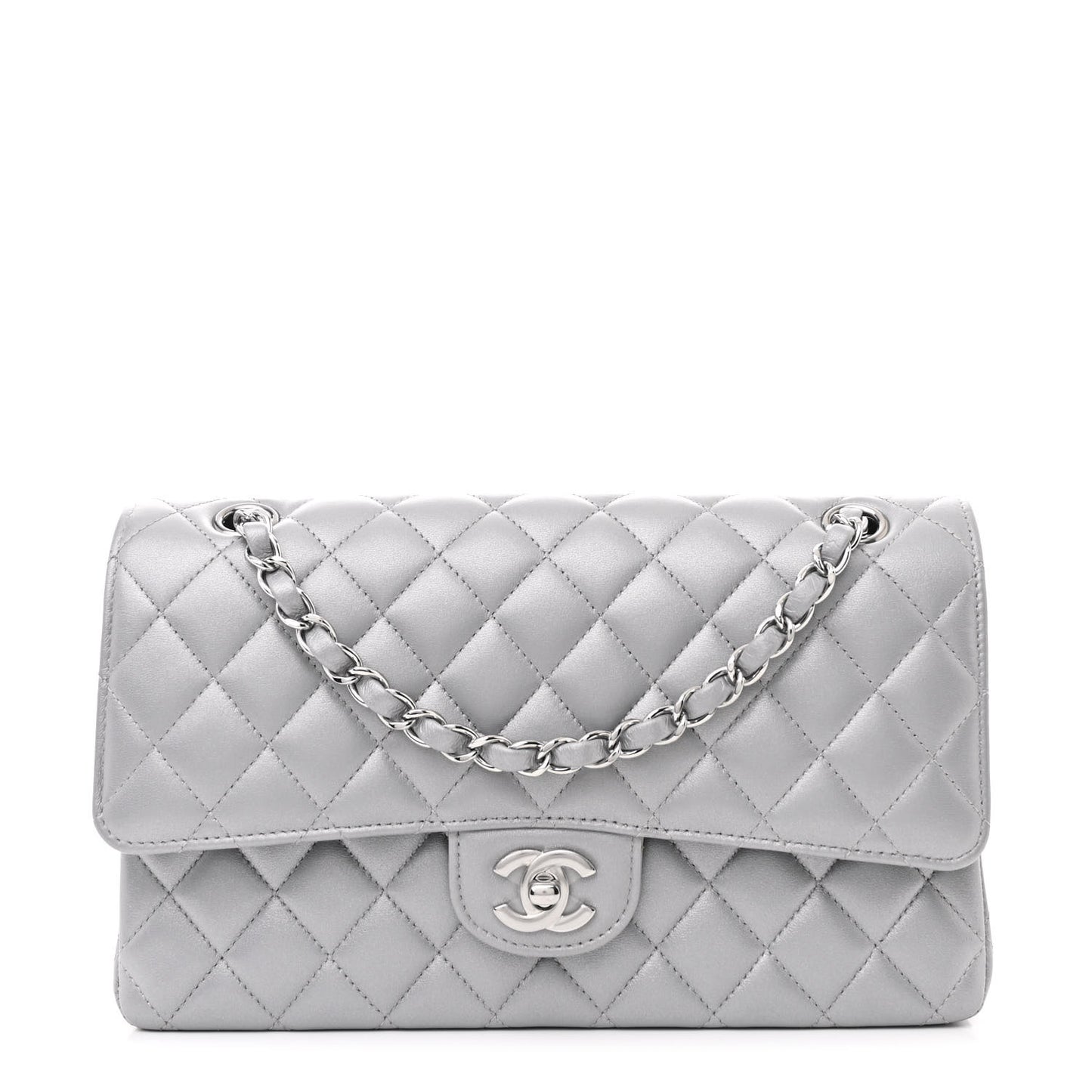 Iridescent Lambskin Quilted Medium Double Flap Grey