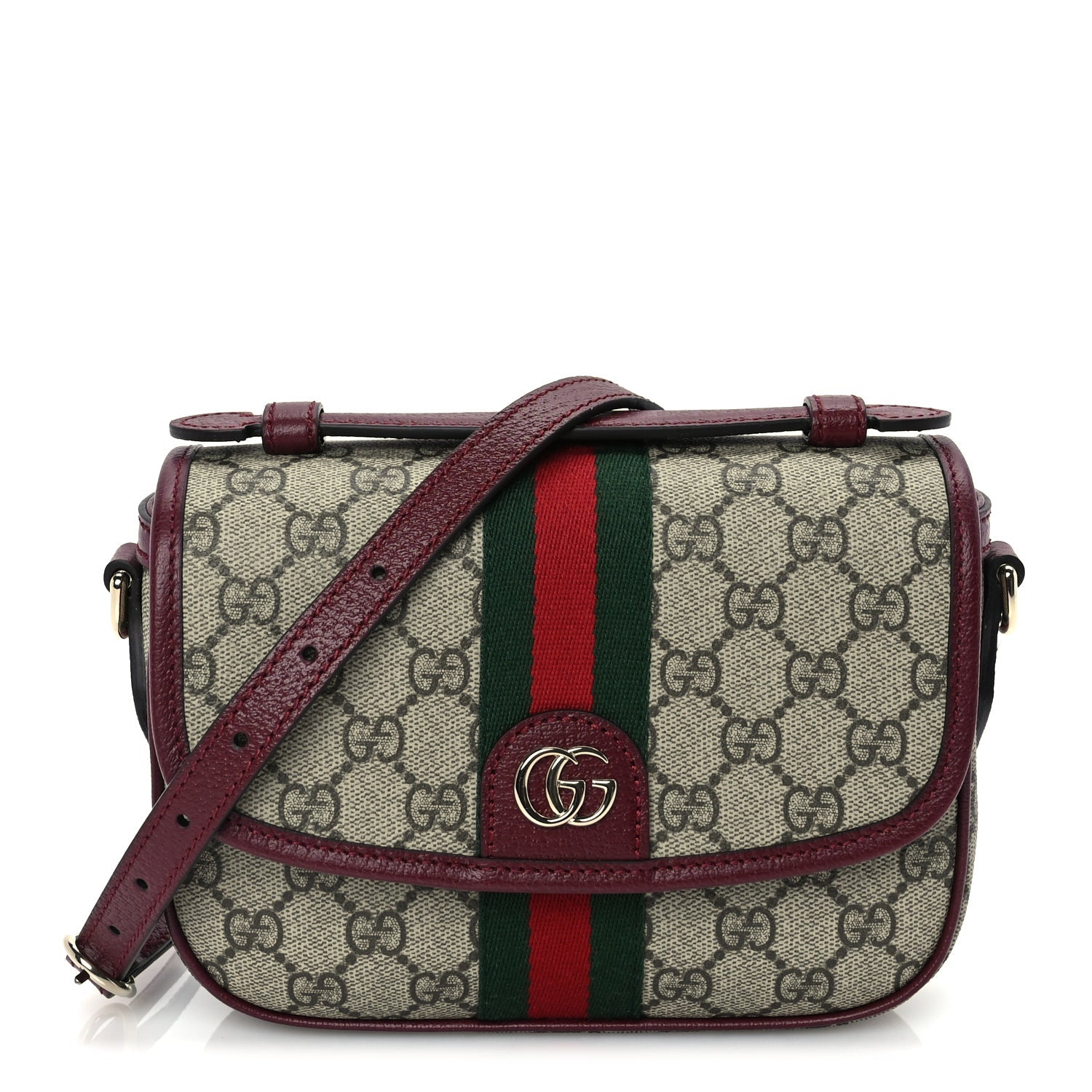 Gucci GG Supreme Monogram Textured Dollar Calfskin Small Ophidia Top Handle Shoulder Bag Beige Bordeaux 1 of 8