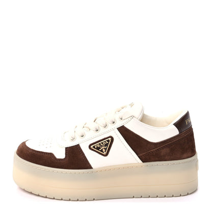 Prada Suede Nappa Triangle Womens Downtown Platform Low Top Sneakers 37.5 White Cocoa Brown 1 of 10