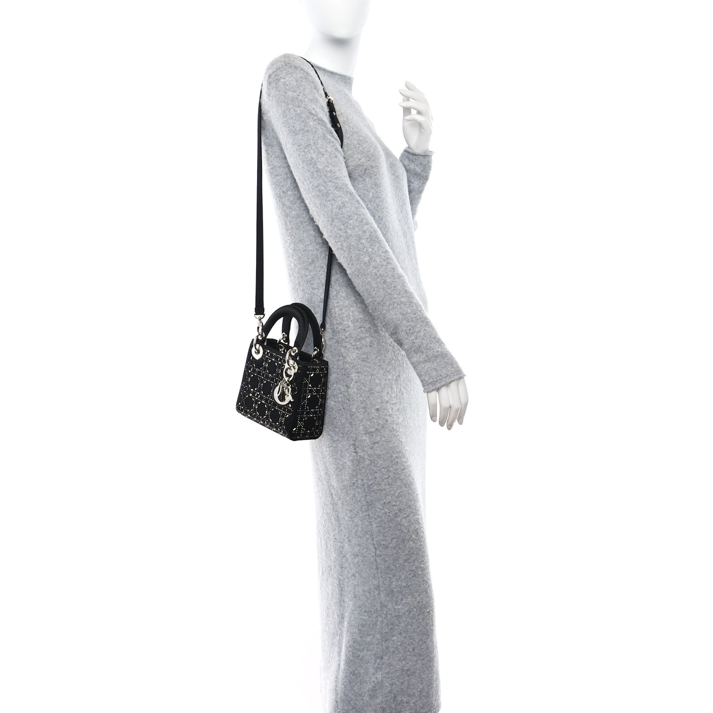 Satin Crystal Cannage Mini Lady Dior Black