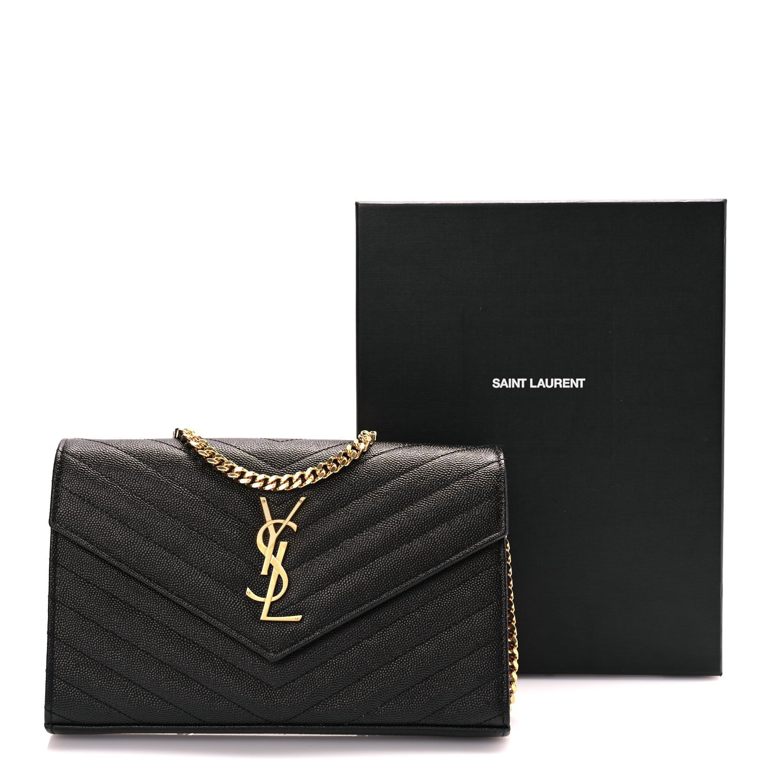 Saint Laurent Grain De Poudre Matelasse Chevron Monogram Chain Wallet Black 9 of 9