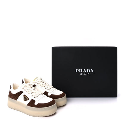 Prada Suede Nappa Triangle Womens Downtown Platform Low Top Sneakers 37.5 White Cocoa Brown 10 of 10