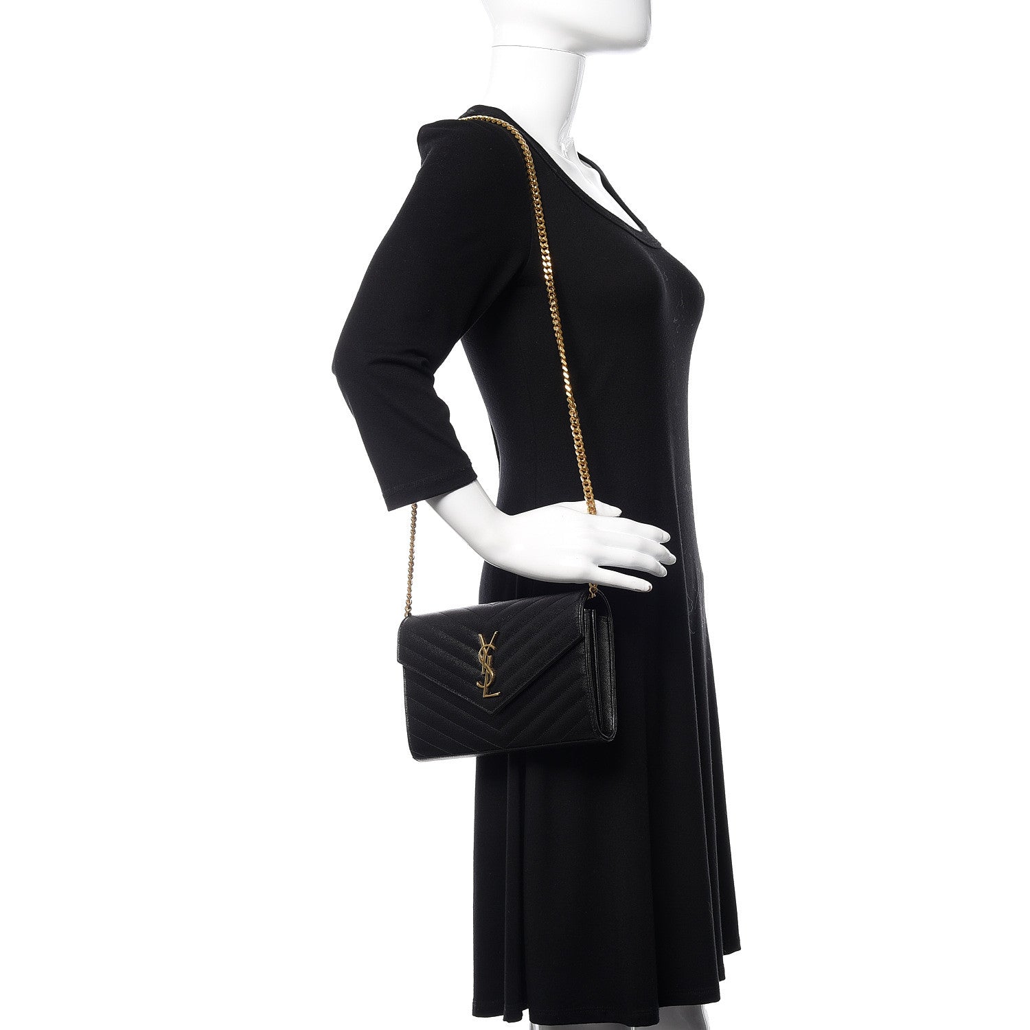 Saint Laurent Grain De Poudre Matelasse Chevron Monogram Chain Wallet Black 2 of 9