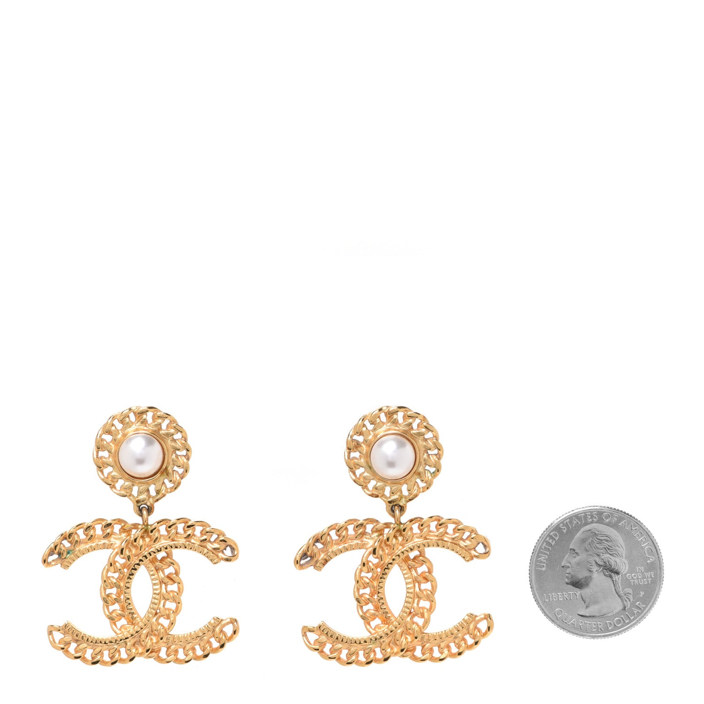 Metal Pearl CC Chain Drop Earrings Gold