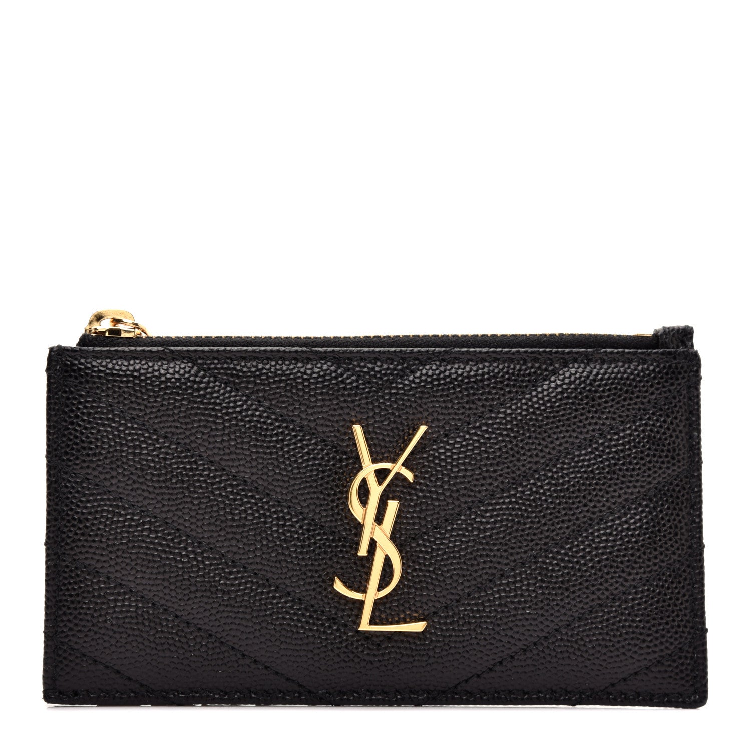 Saint Laurent Grain De Poudre Matelasse Chevron Monogram Fragments Zippered Card Case Black 1 of 7