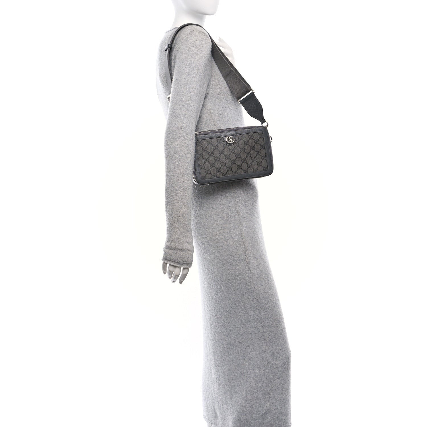Gucci GG Supreme Monogram Textured Dollar Calfskin Small Ophidia Top Handle Shoulder Grey Black Graphite Grey 2 of 7