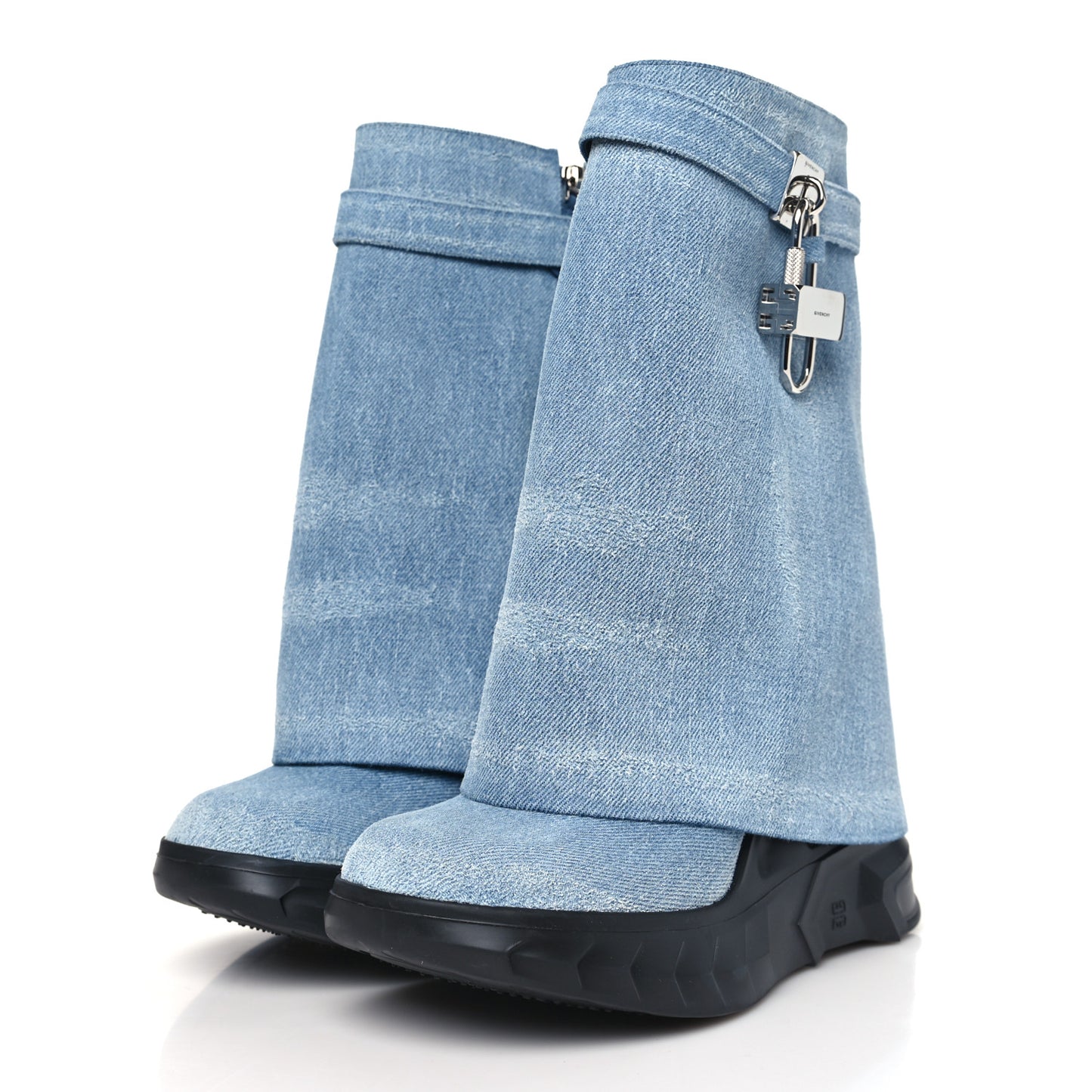 Washed Denim Shark Lock Biker Ankle Boots 40 Blue