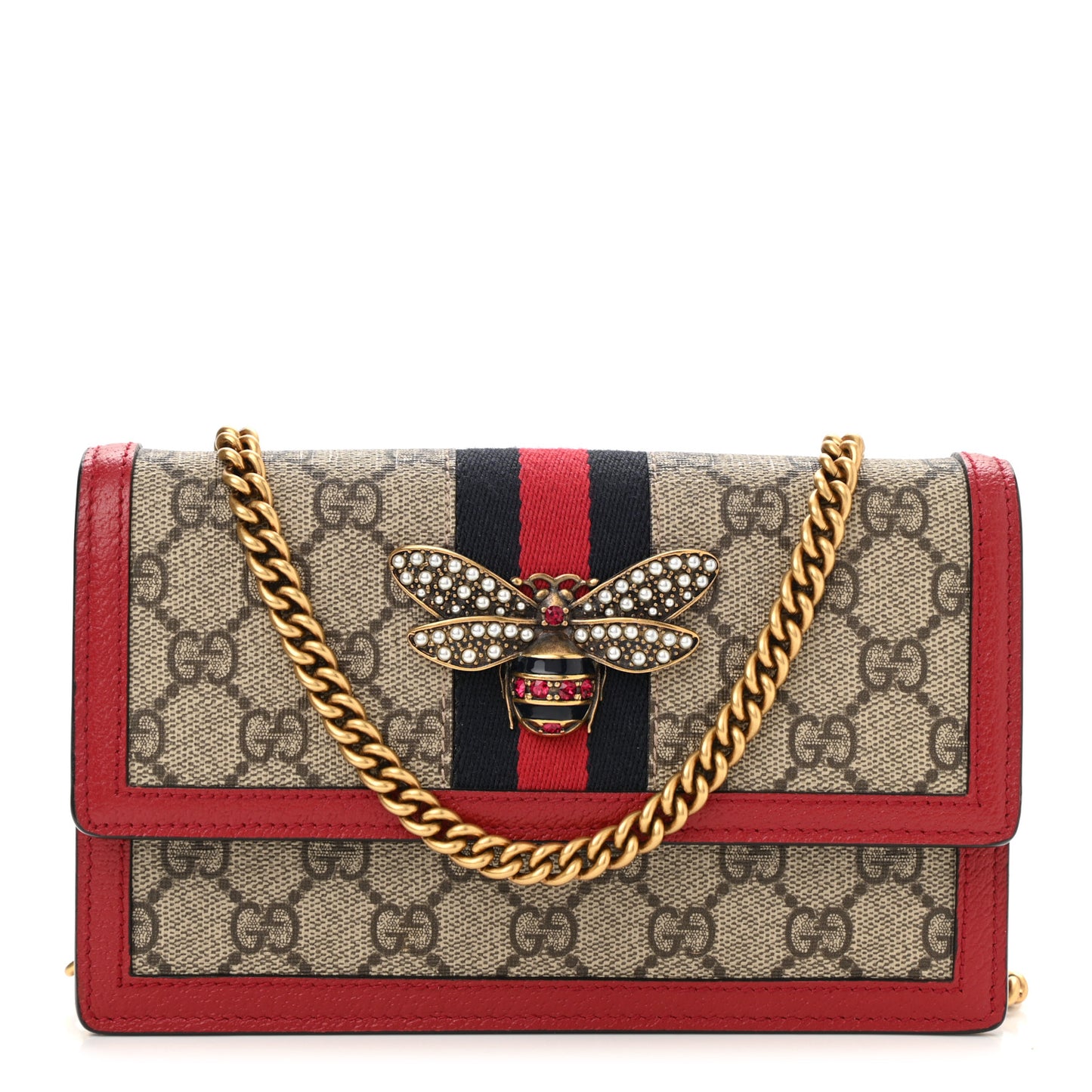 GG Supreme Monogram Web Queen Margaret Chain Wallet Red