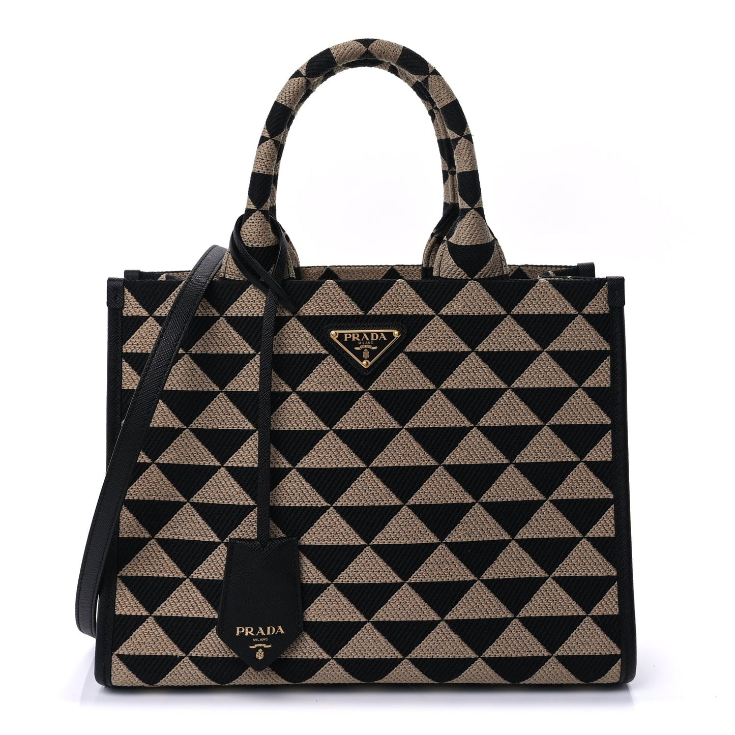 Jacquard Saffiano Triangolo Symbole Embroidered Small Tote  Black Corda