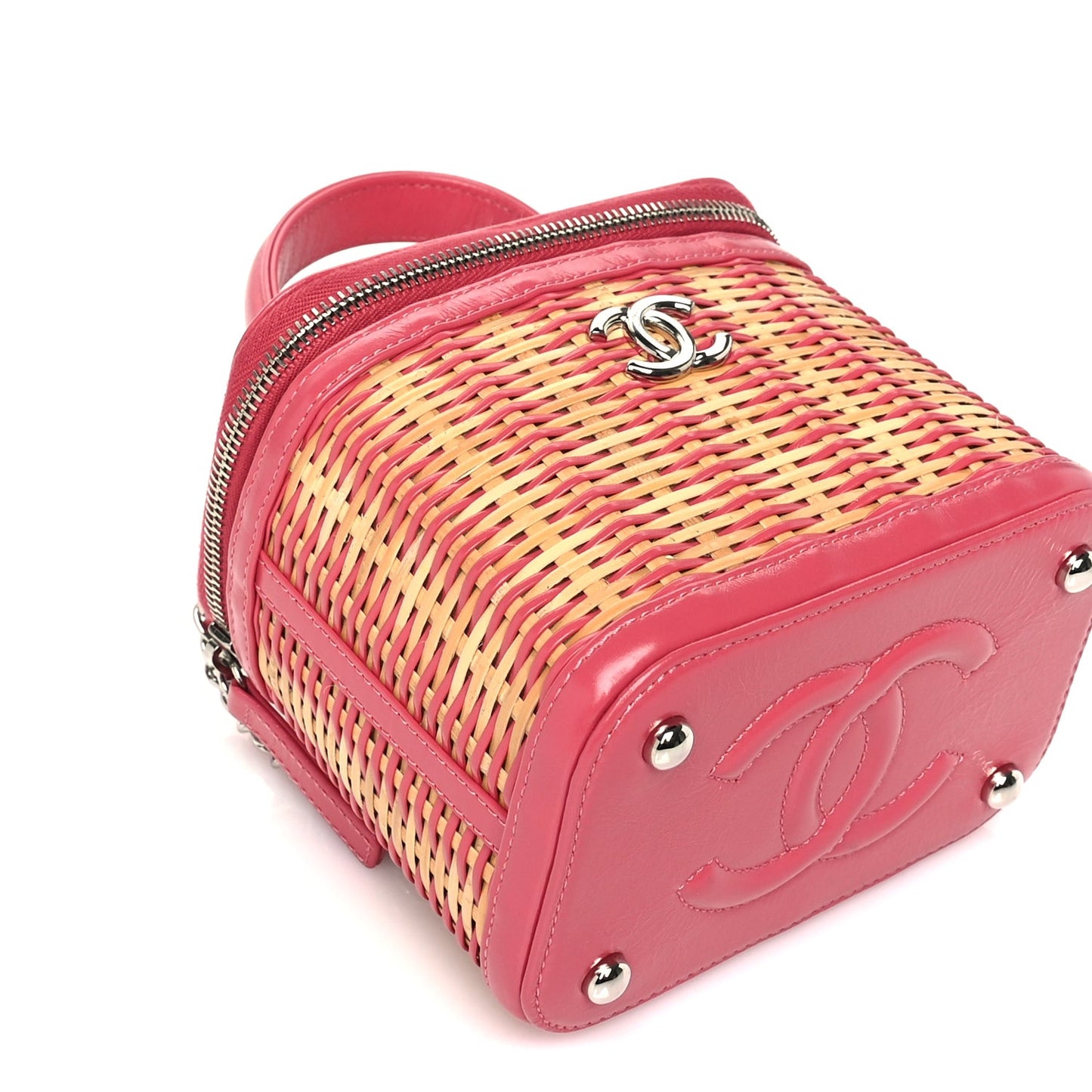 Calfskin Raffia Small Take Away Vanity Case Bag  Pink Beige