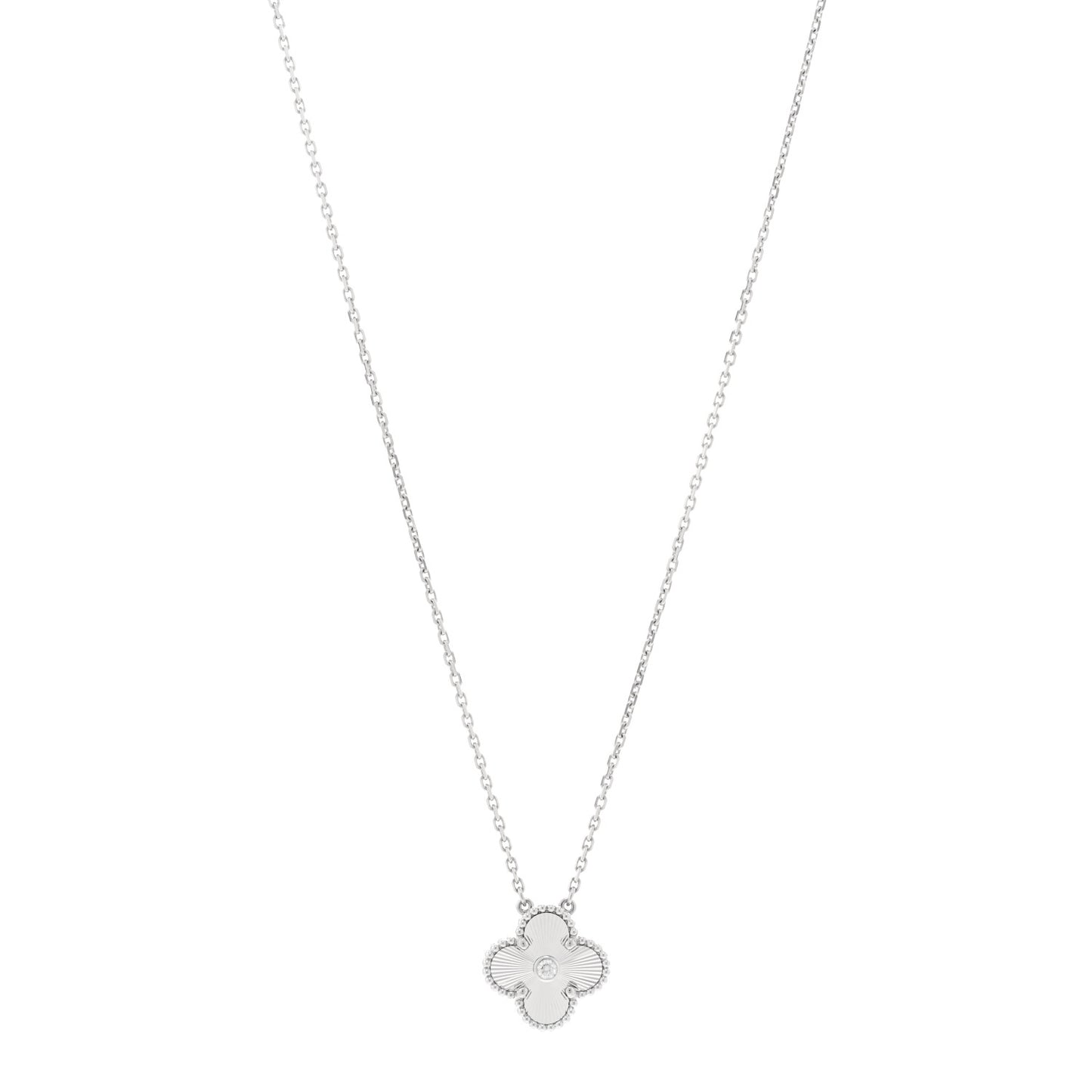 18K White Gold Diamond Guilloche Vintage Alhambra Pendant Necklace