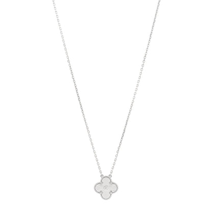 Van Cleef & Arpels 18K White Gold Diamond Guilloche Vintage Alhambra Pendant Necklace 1 of 5