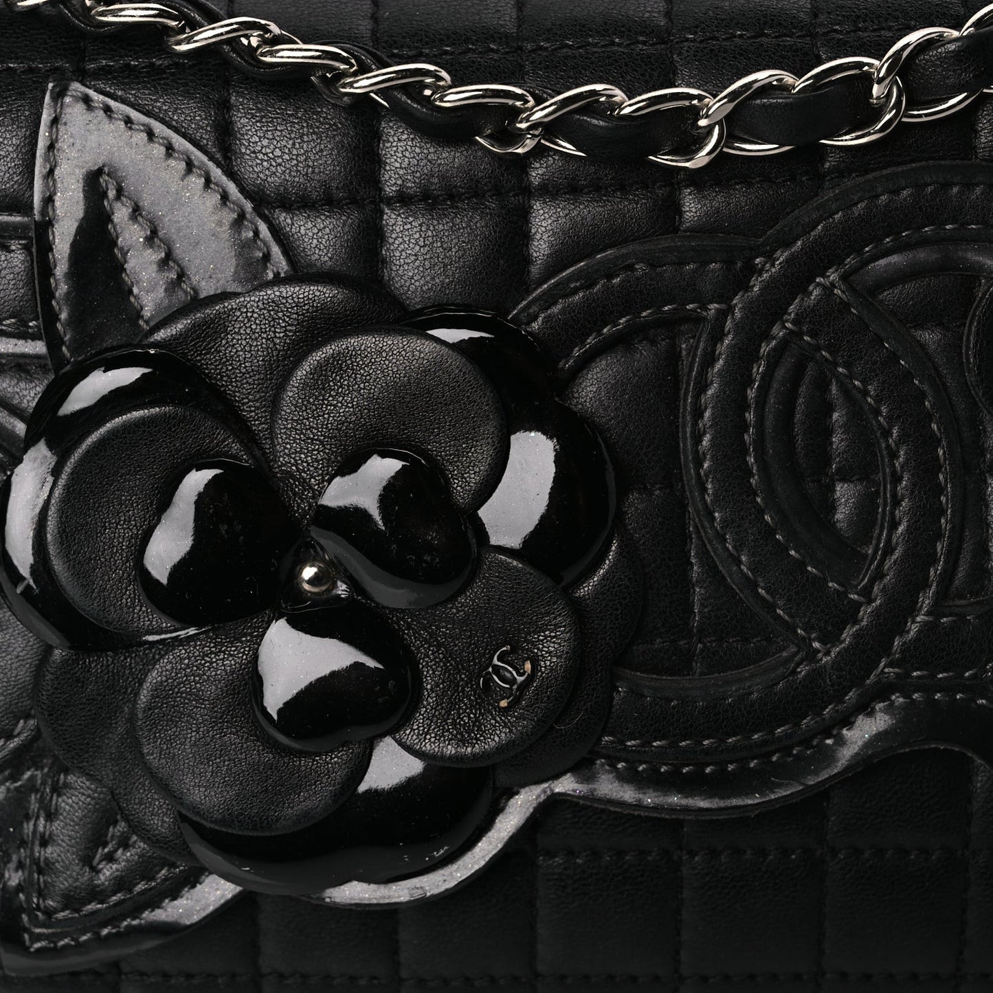 Lambskin Quilted Chocolate Bar Camellia No. 5 Flap Bag Black
