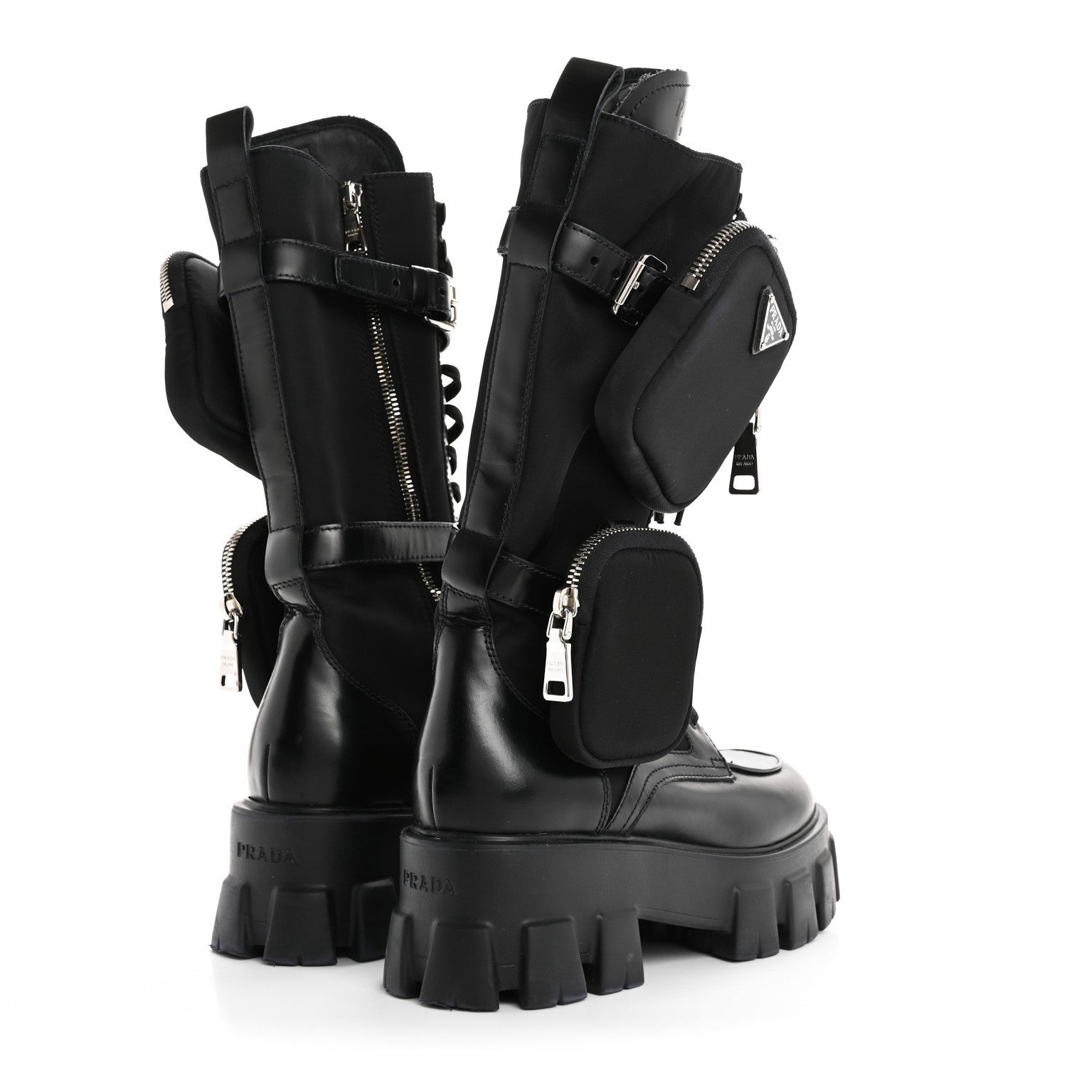 Prada Spazzolato Rois Re-Nylon Metal Triangle Logo Monolith Pouch Pocket 55mm Tall Combat Boots 36.5 Black 4 of 7