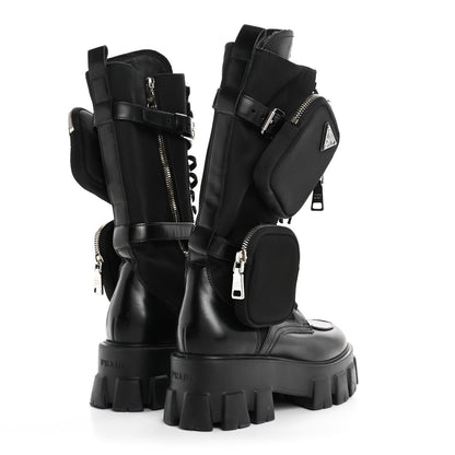 Prada Spazzolato Rois Re-Nylon Metal Triangle Logo Monolith Pouch Pocket 55mm Tall Combat Boots 36.5 Black 4 of 7