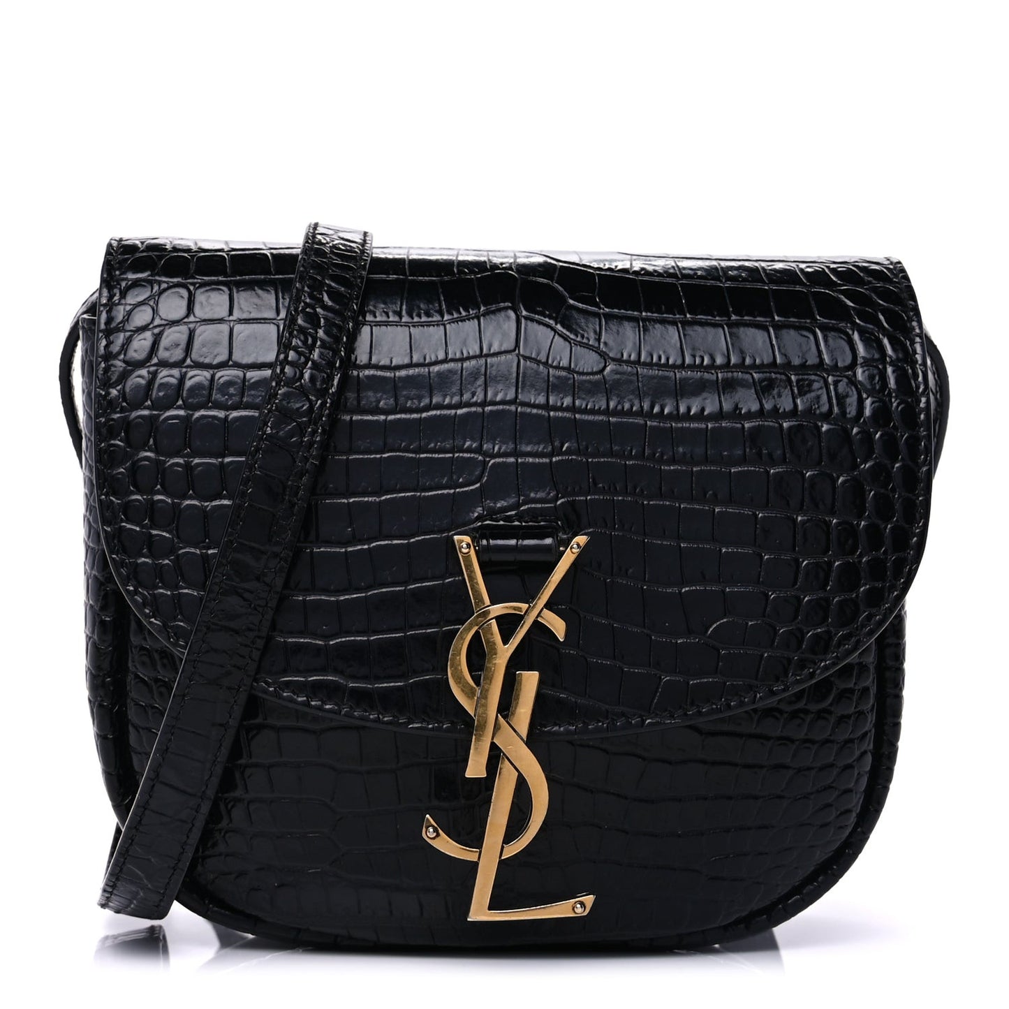 Crocodile Embossed Calfskin Small Kaia Satchel Black