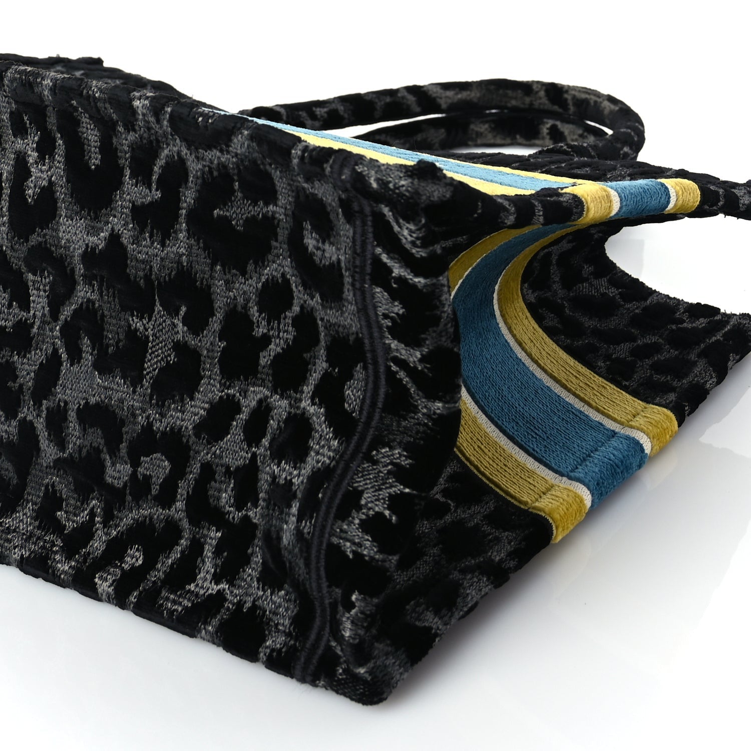 Christian Dior Velvet Mizza Embroidered Medium Leopard Book Tote Black Yellow Blue 8 of 8